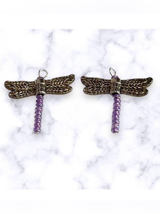 Hand Crafted Jewelry - Hand Crafted Earrings Dragonfly Purple Dangle Silver Pierced Long Handmade